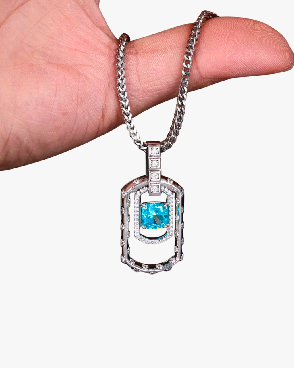VERDANORA Luxury Pendant – 2.5ct Asscher Cut Blue CZ Stone | 925 Sterling Silver VVS Moissanite Iced Out Necklace | Hip Hop Street Style Jewelry