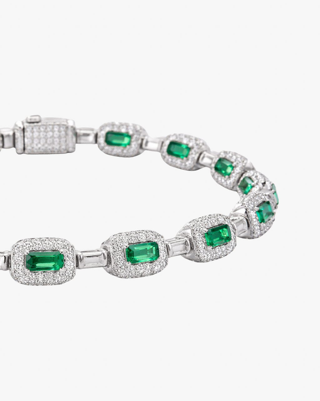 VERDANORA Emerald Baguette Bracelet — Silver-Plated Brass | Green Baguette Zircon | Micro Pavé