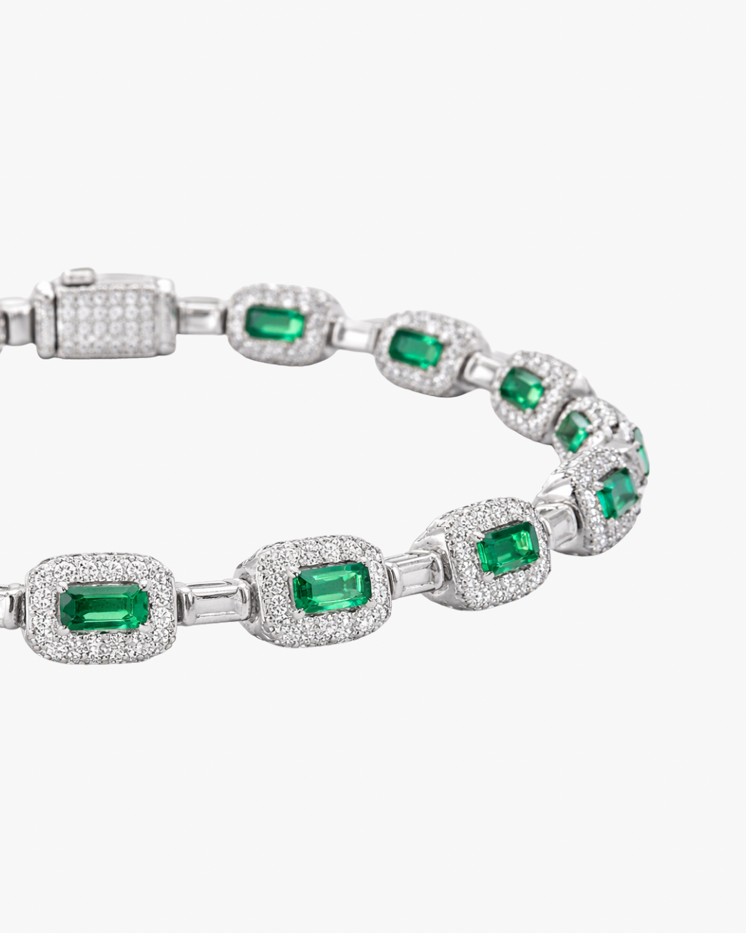 VERDANORA Emerald Baguette Bracelet — Silver-Plated Brass | Green Baguette Zircon | Micro Pavé