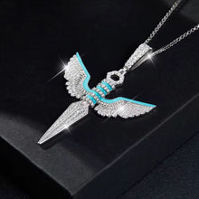 VERDANORA Winged Sword Pendant Necklace – Moissanite – Turquoise Accents – White Gold-Plated S925