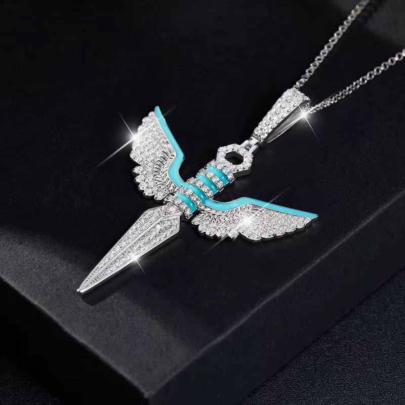 VERDANORA Winged Sword Pendant Necklace – Moissanite – Turquoise Accents – White Gold-Plated S925