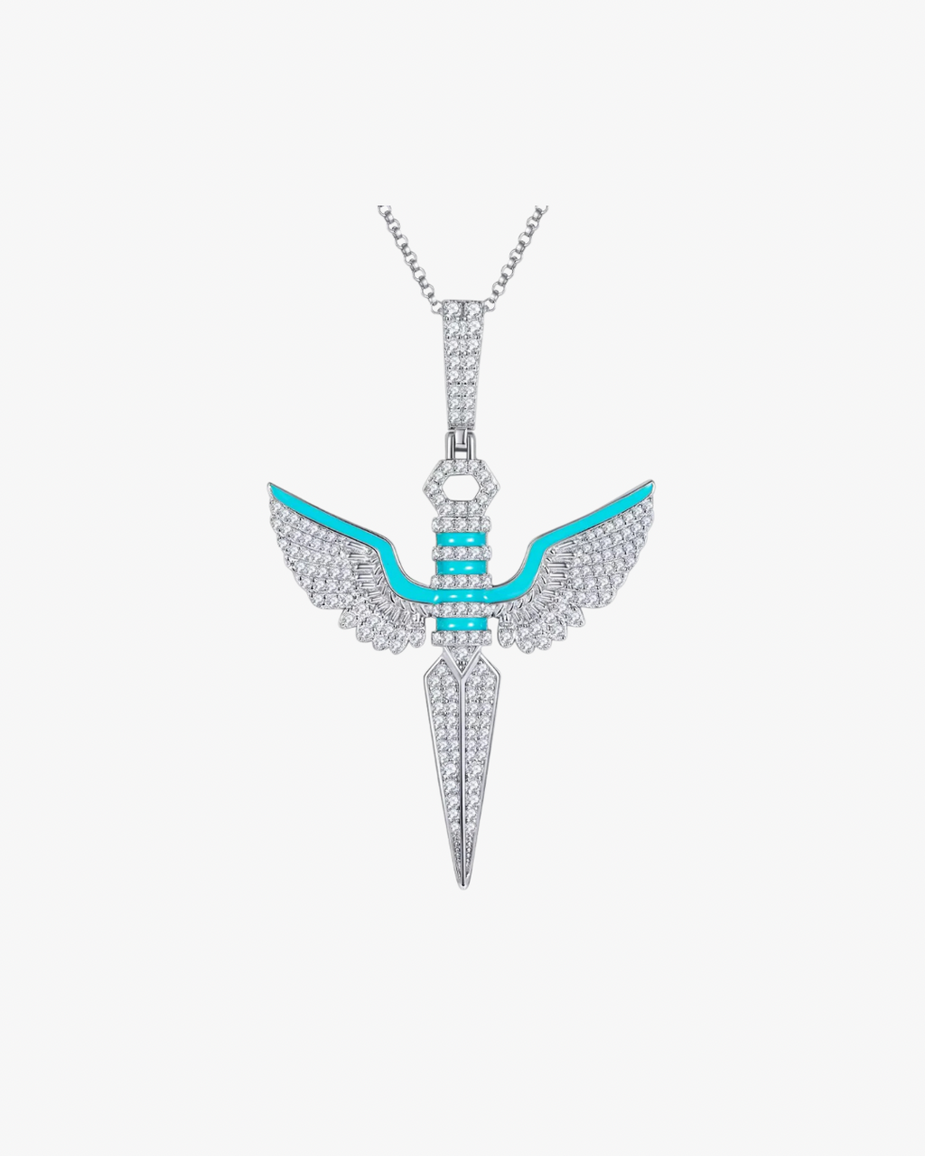VERDANORA Winged Sword Pendant Necklace – Moissanite – Turquoise Accents – White Gold-Plated S925