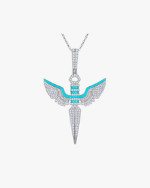 VERDANORA Winged Sword Pendant Necklace – Moissanite – Turquoise Accents – White Gold-Plated S925