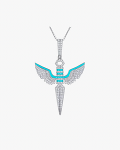 VERDANORA Winged Sword Pendant Necklace – Moissanite – Turquoise Accents – White Gold-Plated S925