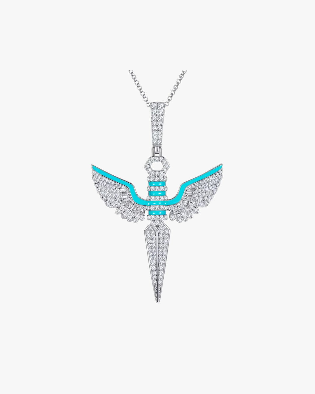 VERDANORA Winged Sword Pendant Necklace – Moissanite – Turquoise Accents – White Gold-Plated S925