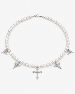 Verdanora Pearl Cross Necklace CZ Iced Out Angel Charm Chain 18 inch Unisex