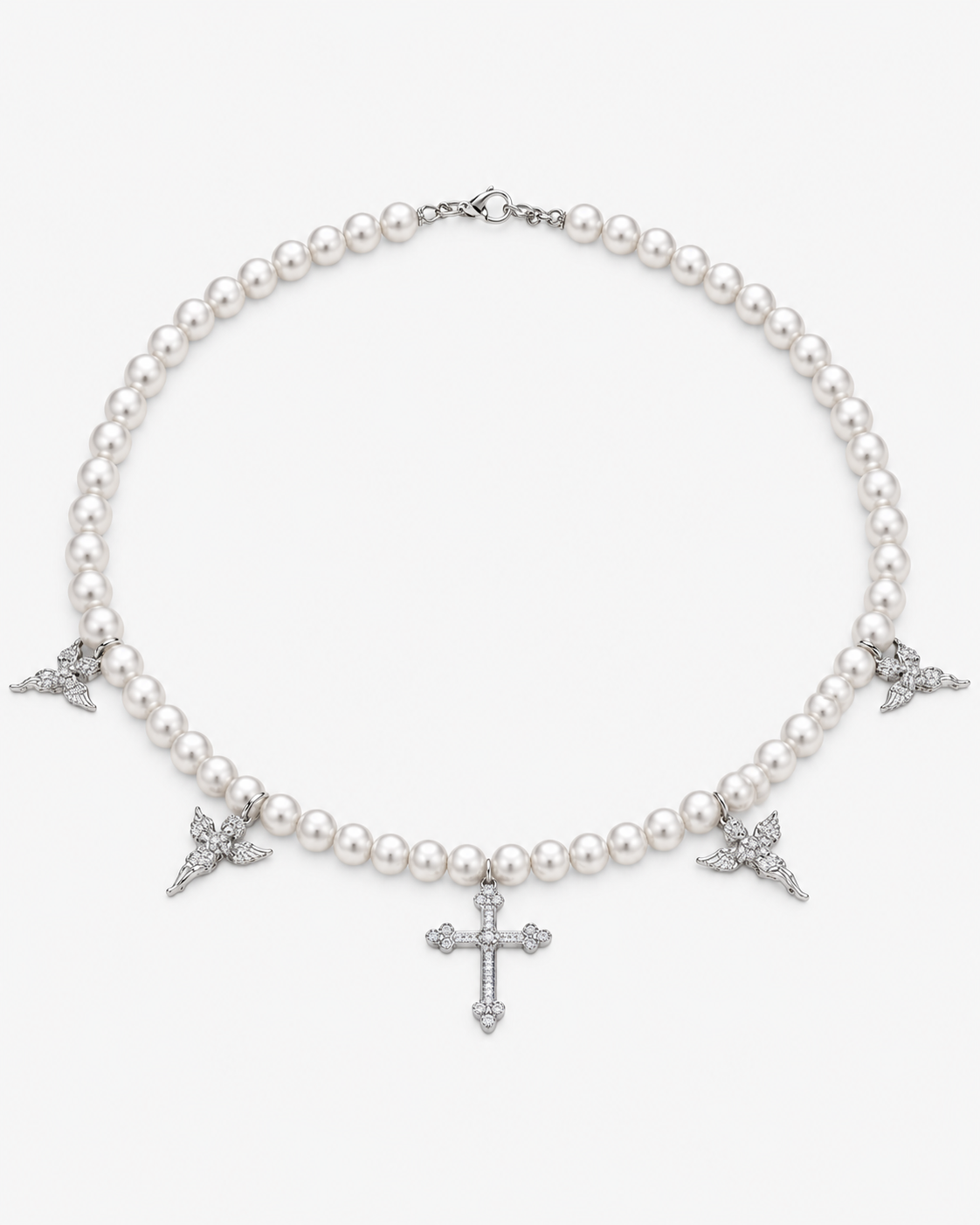 Verdanora Pearl Cross Necklace CZ Iced Out Angel Charm Chain 18 inch Unisex