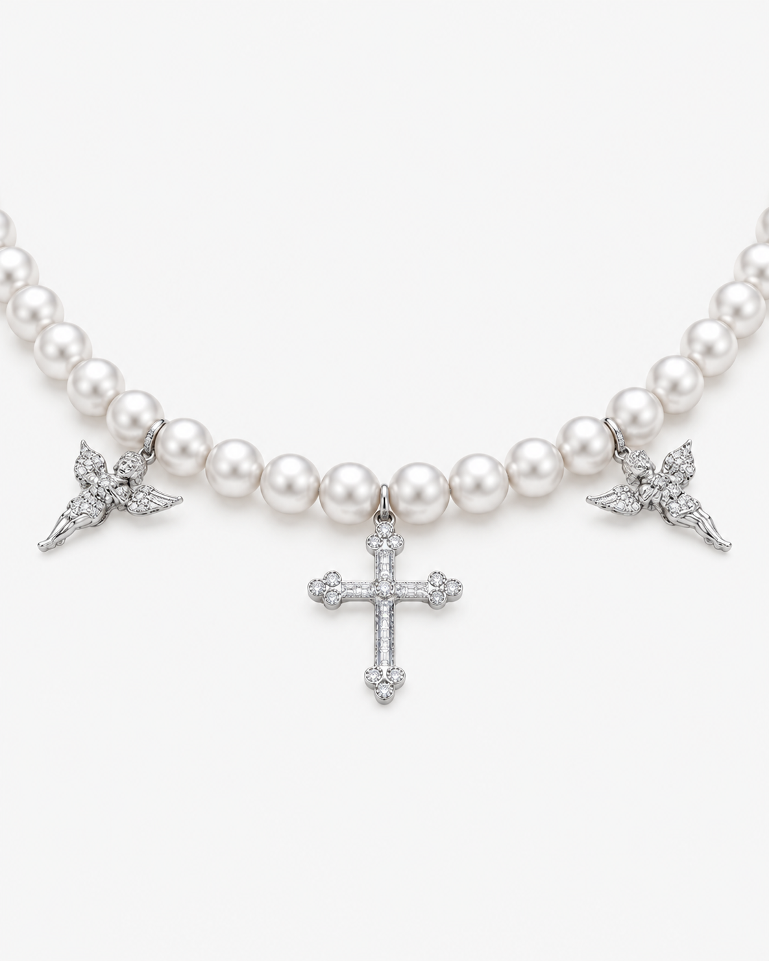 Verdanora Pearl Cross Necklace CZ Iced Out Angel Charm Chain 18 inch Unisex