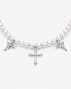 Verdanora Pearl Cross Necklace CZ Iced Out Angel Charm Chain 18 inch Unisex
