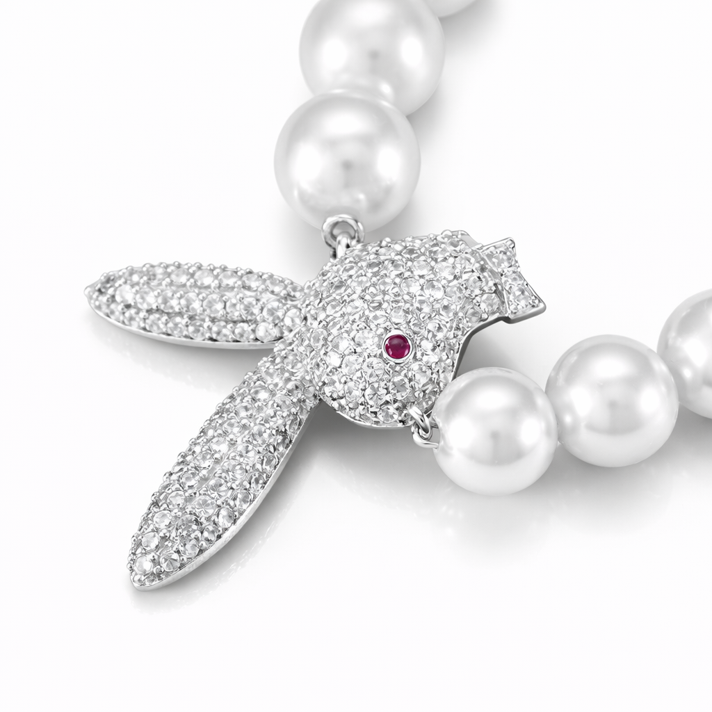 Verdanora Iced Bunny Charm Necklace – CZ Zirconia & Pearl Silver Statement Piece