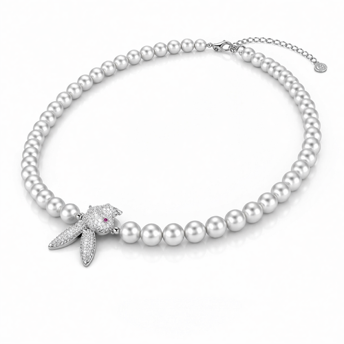 Verdanora Iced Bunny Charm Necklace – CZ Zirconia & Pearl Silver Statement Piece