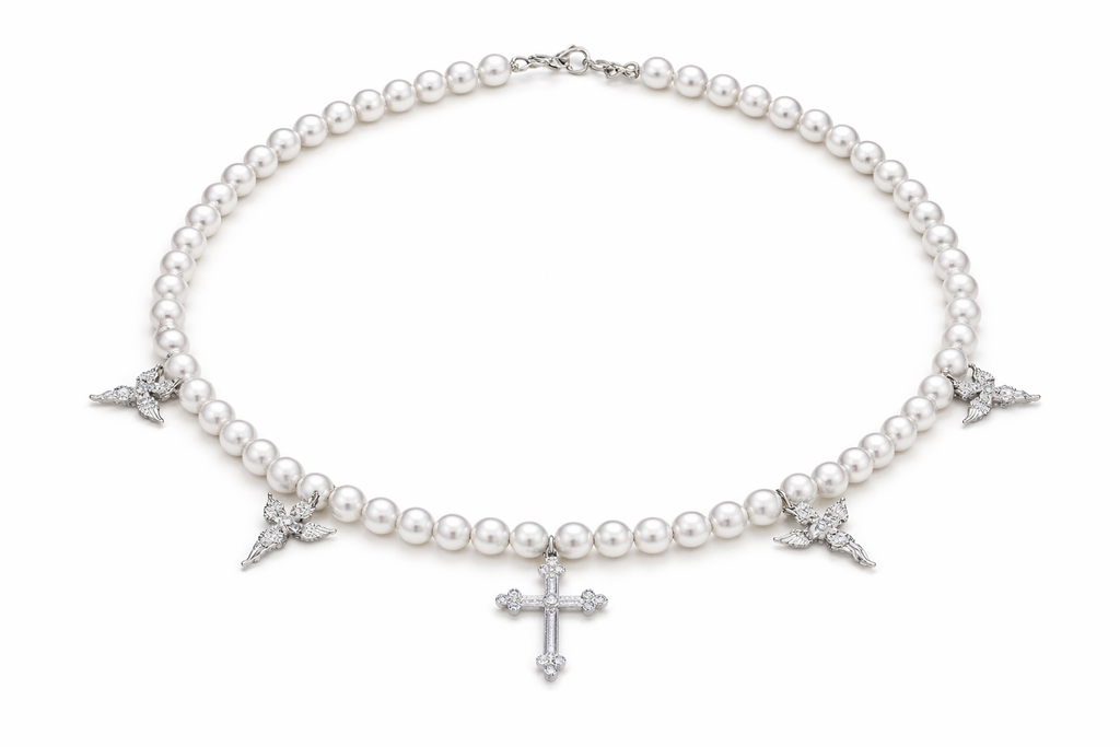 Verdanora Pearl Cross Necklace CZ Iced Out Angel Charm Chain 18 inch Unisex