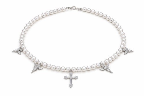 Verdanora Pearl Cross Necklace CZ Iced Out Angel Charm Chain 18 inch Unisex
