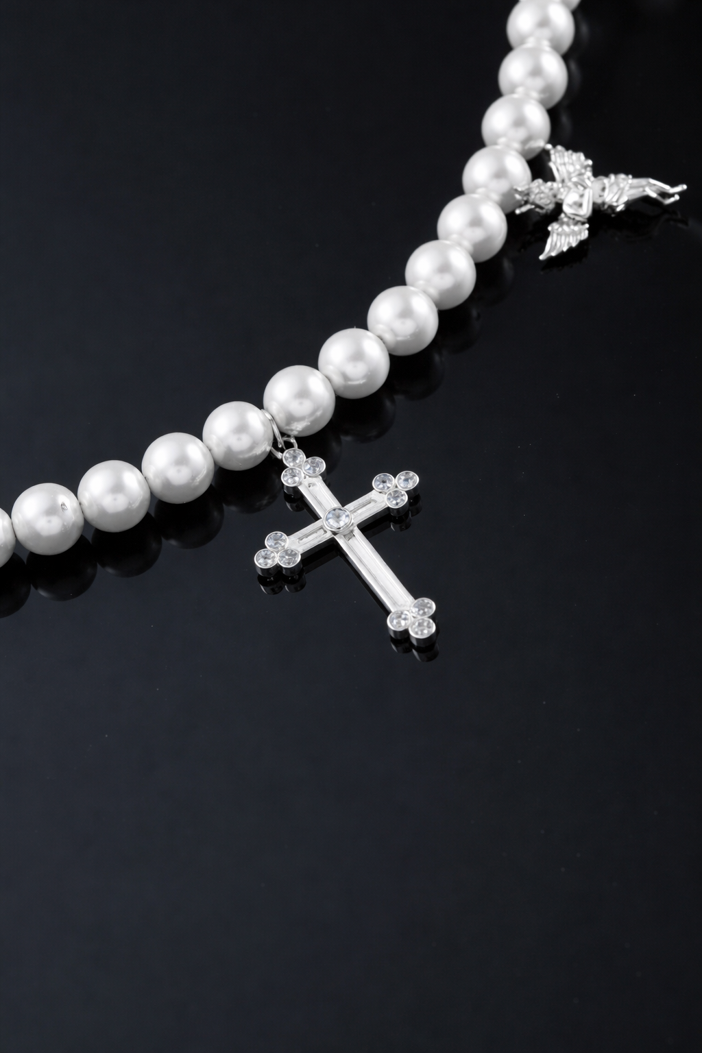 Verdanora Pearl Cross Necklace CZ Iced Out Angel Charm Chain 18 inch Unisex