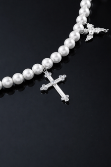 Verdanora Pearl Cross Necklace CZ Iced Out Angel Charm Chain 18 inch Unisex