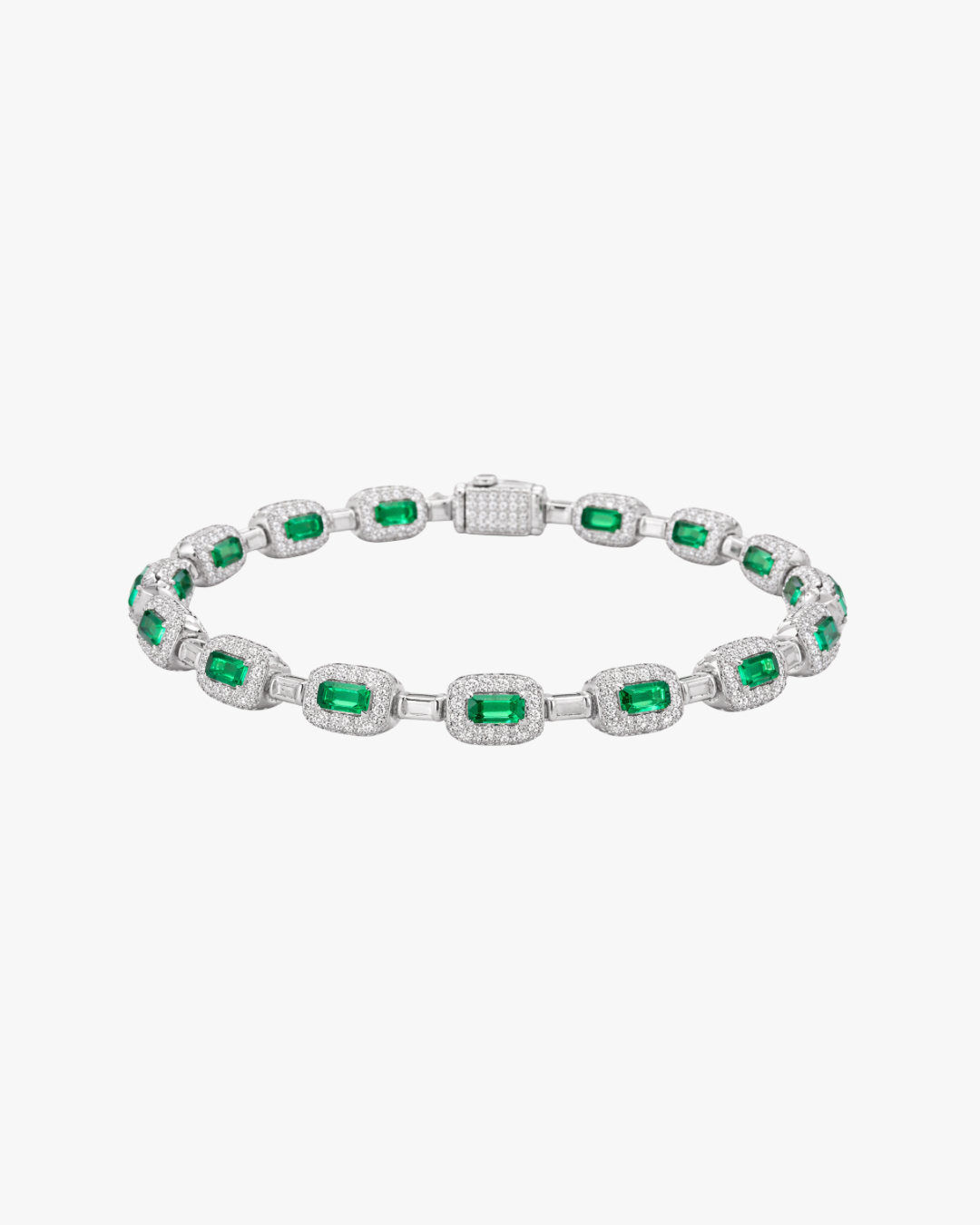 VERDANORA Emerald Baguette Bracelet — Silver-Plated Brass | Green Baguette Zircon | Micro Pavé