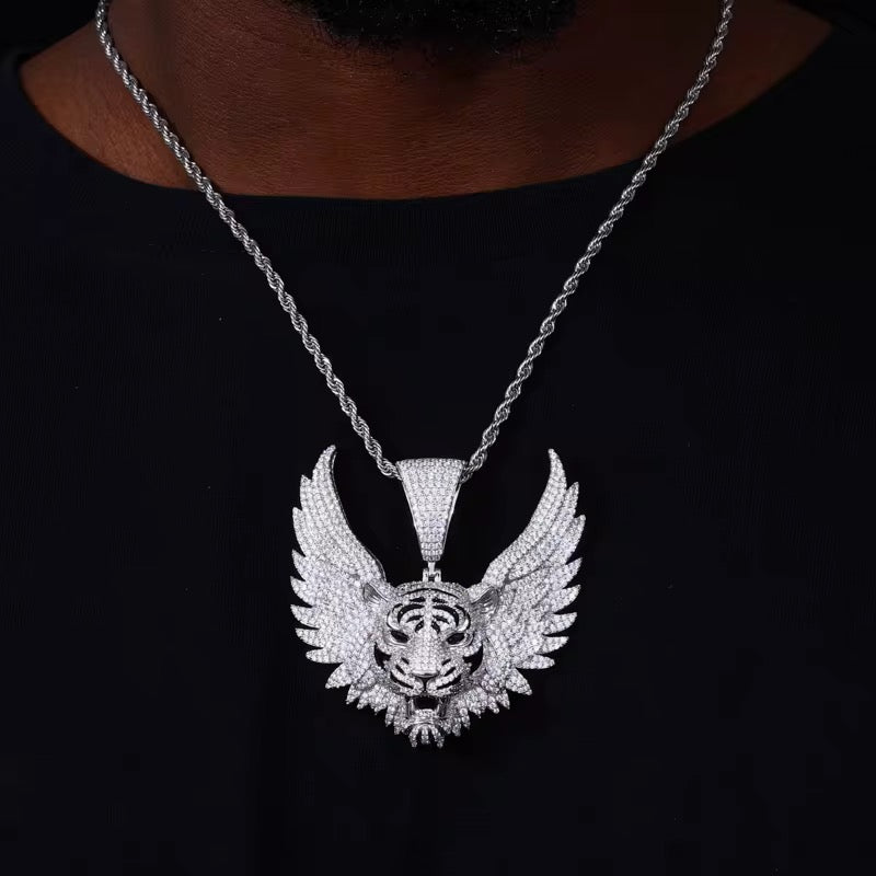 VERDANORA Winged Tiger Iced Pendant Necklace – VVS Moissanite – 925 Sterling Silver
