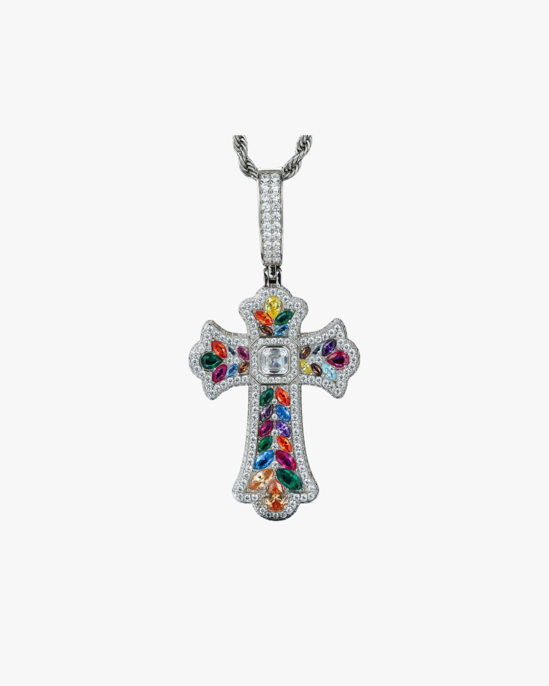 VERDANORA Candy Cross Pendant – 925 Sterling Silver | VVS Moissanite Iced Out | Multicolor Stones