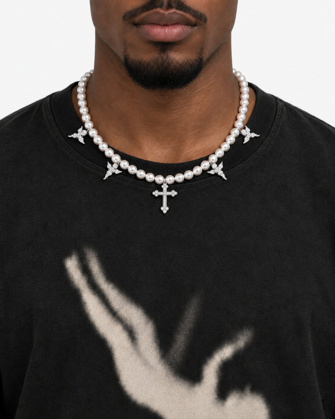 Verdanora Pearl Cross Necklace CZ Iced Out Angel Charm Chain 18 inch Unisex